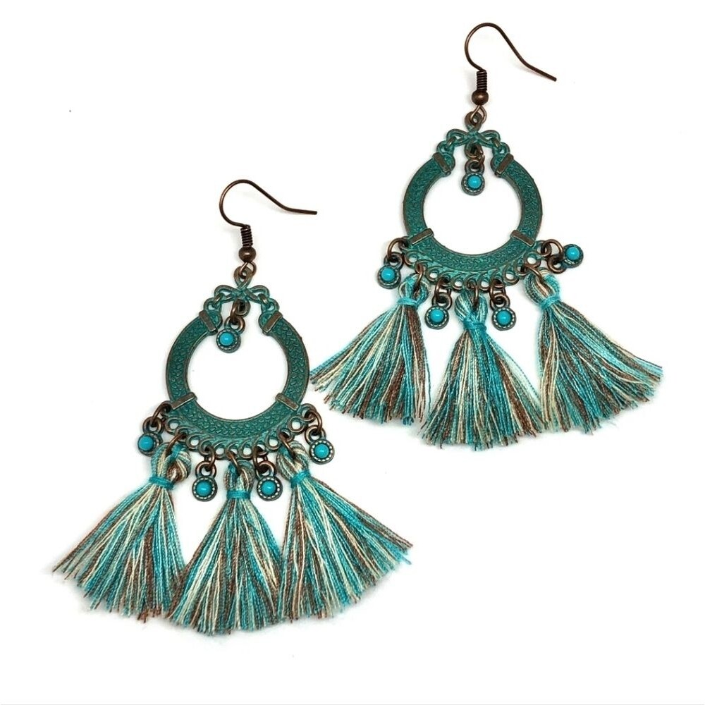BRONZE turquoise tribal engraved tassel earrings boho ethnic design